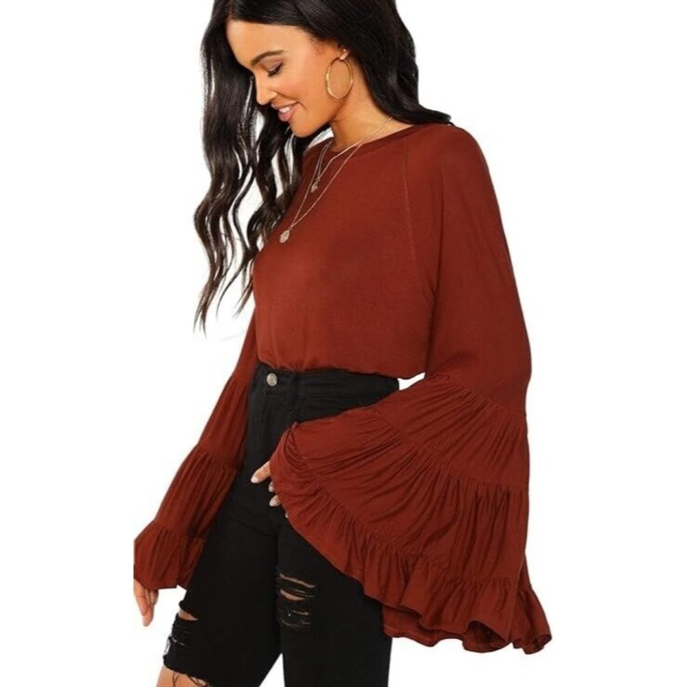 NWOT SheIn Orange Brown Red Rust 70s Boho Flowy Bell Sleeve Crop Blouse Top Sz M